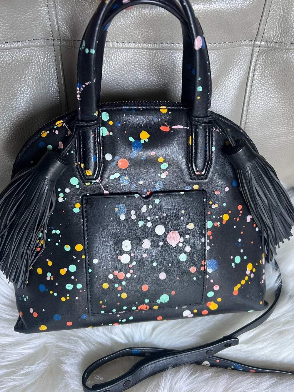 Loeffler Randall Dome Splatter Paint Leather Satchel Black With Tassels Chic